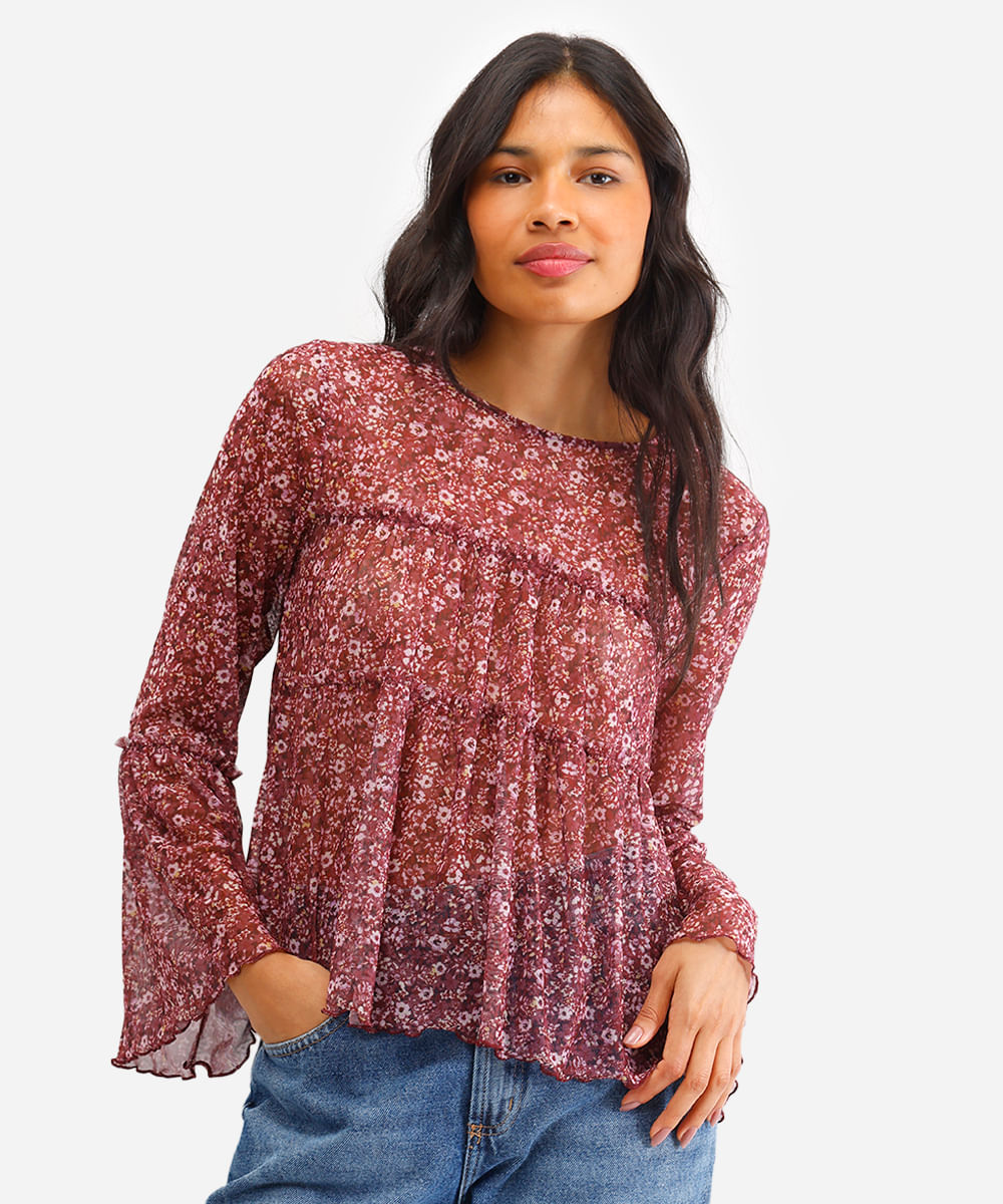 bata feminina de tule floral com franzidos - marrom escuro
