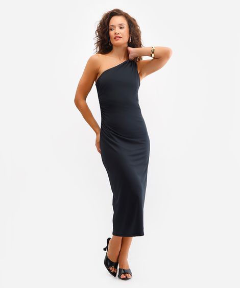 vestido midi feminino franzido ombro único preto