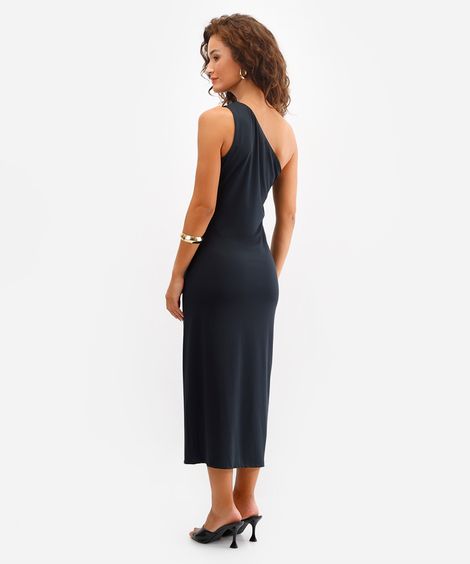 vestido midi feminino franzido ombro único preto