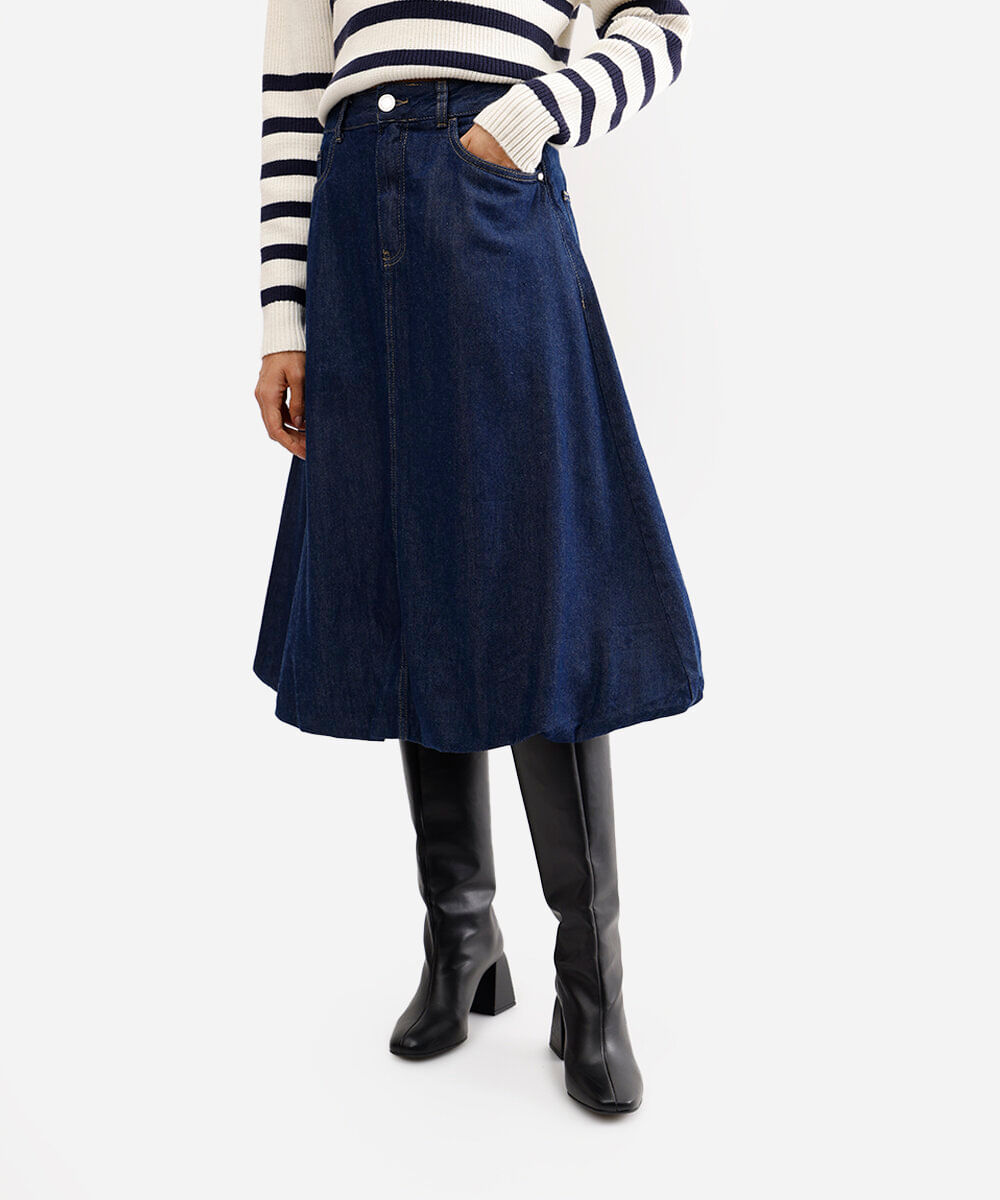 saia balonê feminina jeans cintura alta azul
