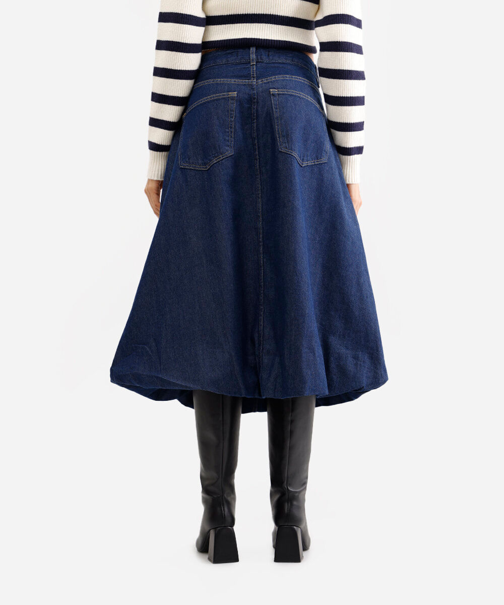 saia balonê feminina jeans cintura alta azul