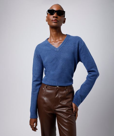 suéter feminino de tricot decote v mindset azul