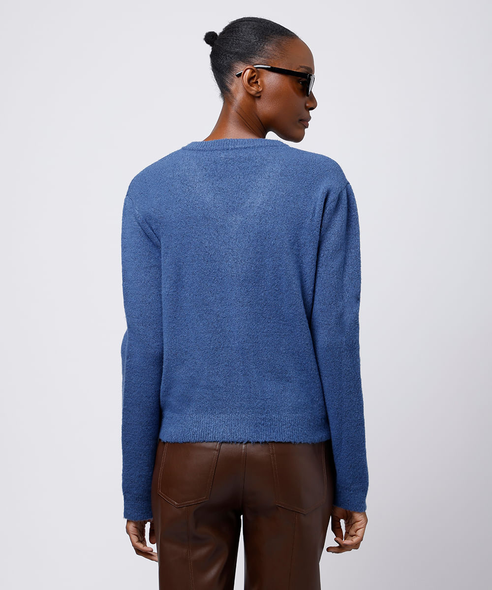 suéter feminino de tricot decote v mindset azul