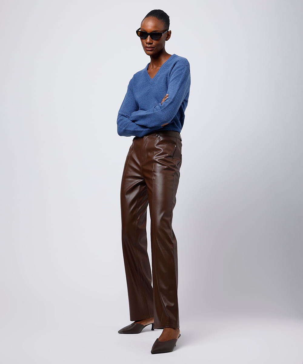 suéter feminino de tricot decote v mindset azul