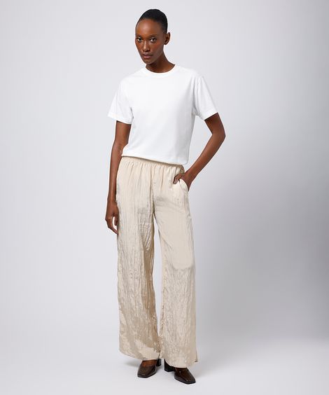 calça reta feminina acetinada texturizada mindset bege