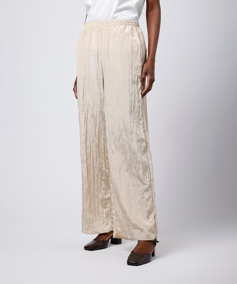 calça reta feminina acetinada texturizada mindset bege