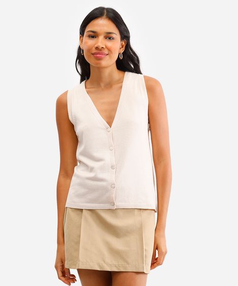 regata feminina de tricot decote v com botões bege