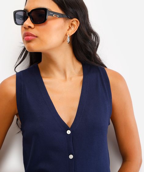 regata feminina de tricot decote v com botões azul
