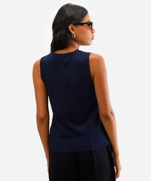 regata feminina de tricot decote v com botões azul