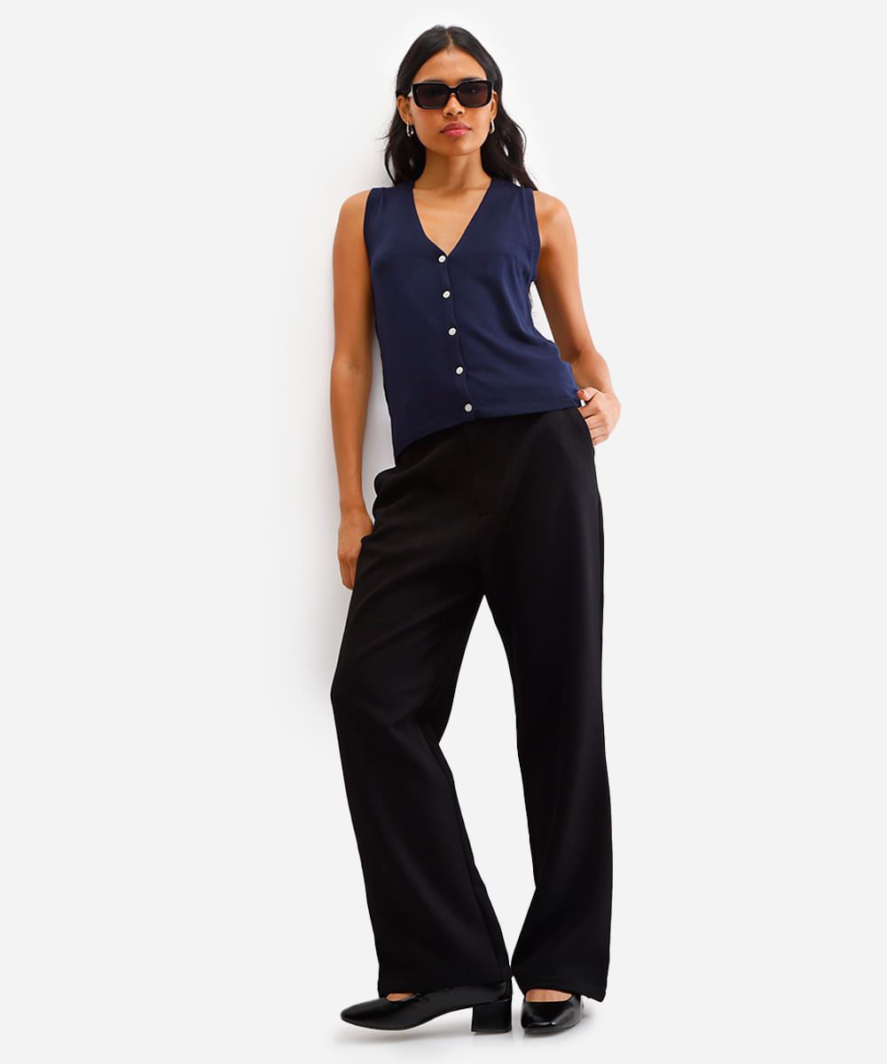 regata feminina de tricot decote v com botões azul