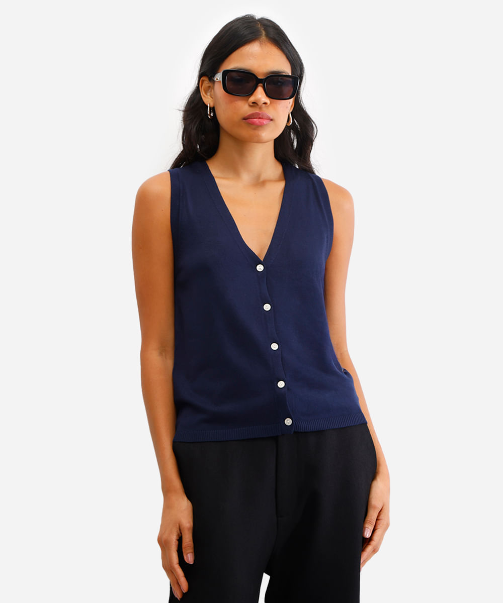regata feminina de tricot decote v com botões azul
