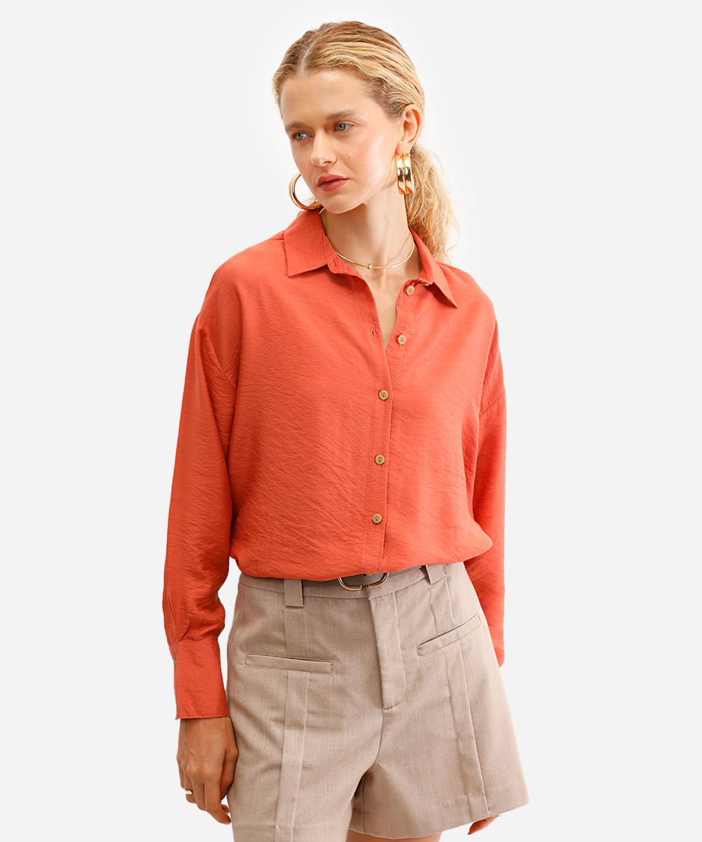 camisa feminina oversized manga longa texturizada laranja