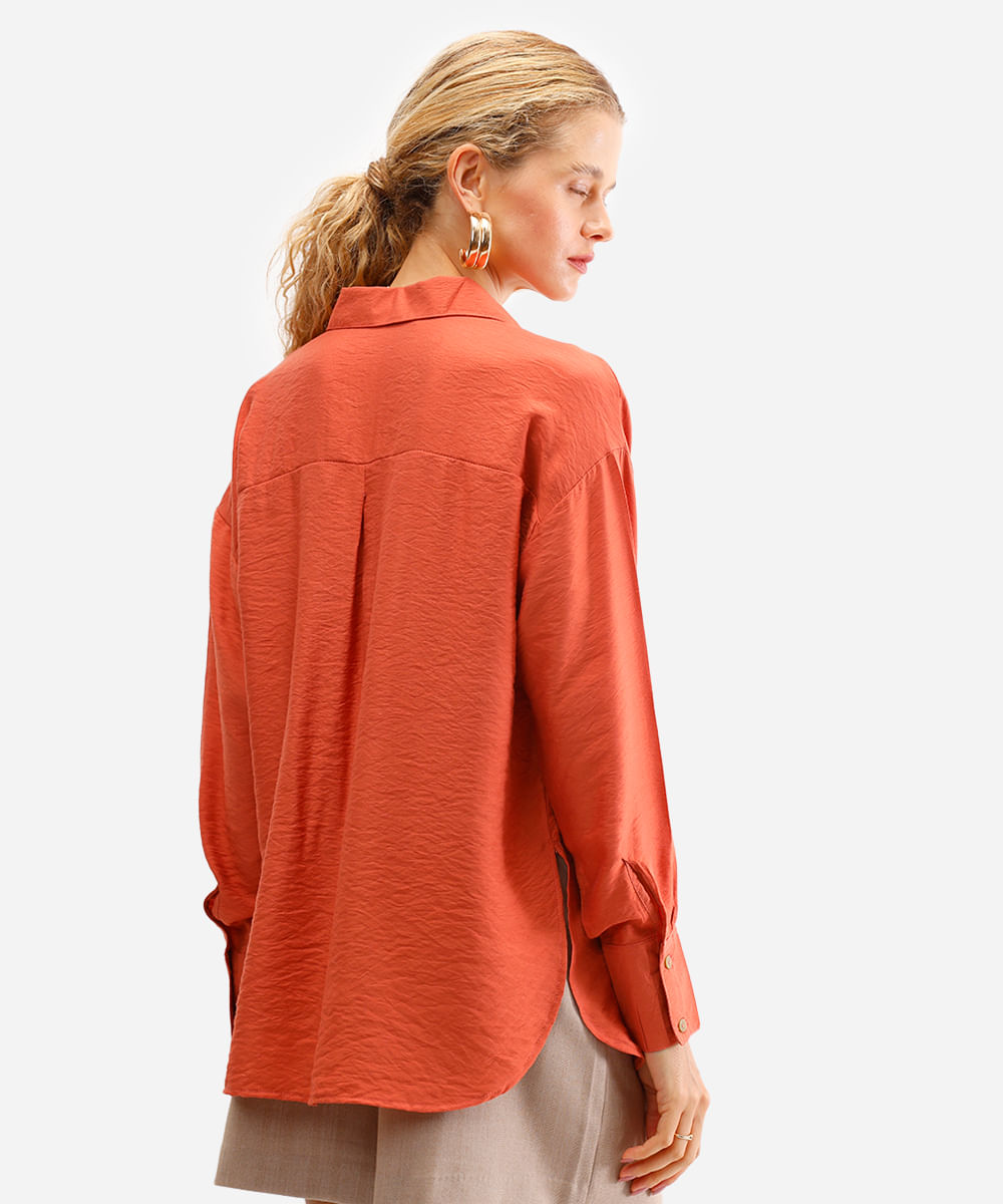 camisa feminina oversized manga longa texturizada laranja