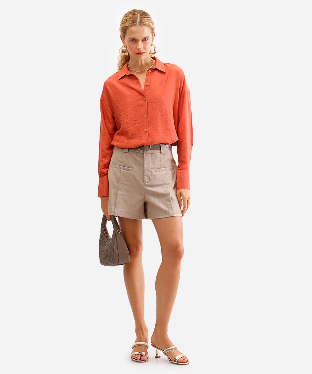 camisa feminina oversized manga longa texturizada laranja