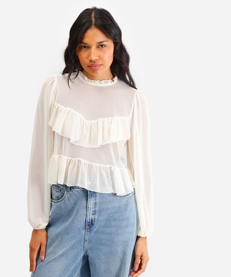 bata feminina de tule manga bufante com babados off white