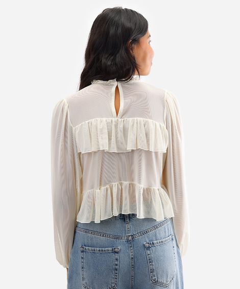 bata feminina de tule manga bufante com babados off white