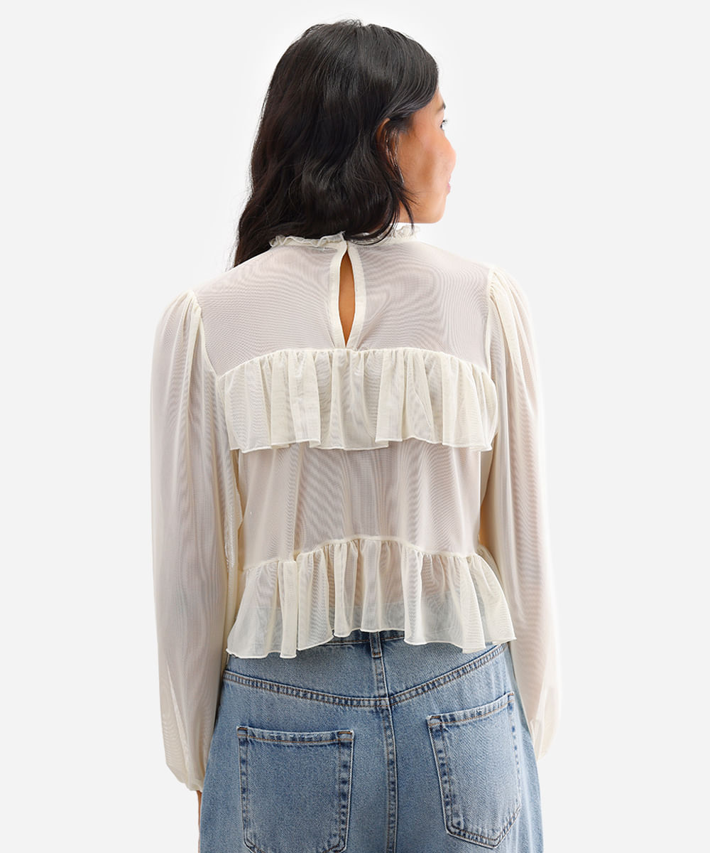 bata feminina de tule manga bufante com babados off white