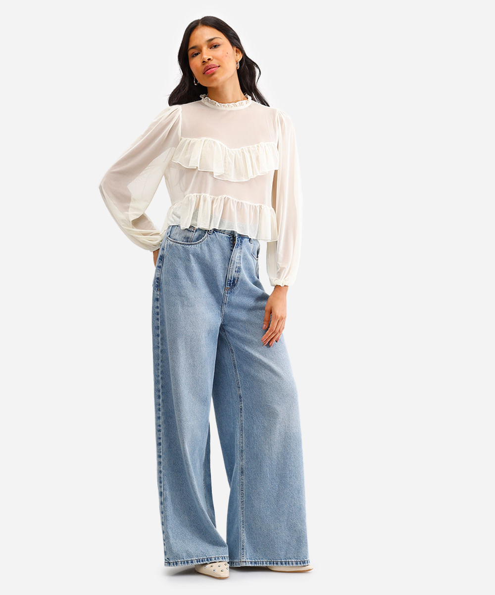 bata feminina de tule manga bufante com babados off white