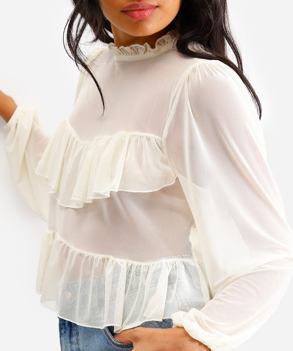 bata feminina de tule manga bufante com babados off white