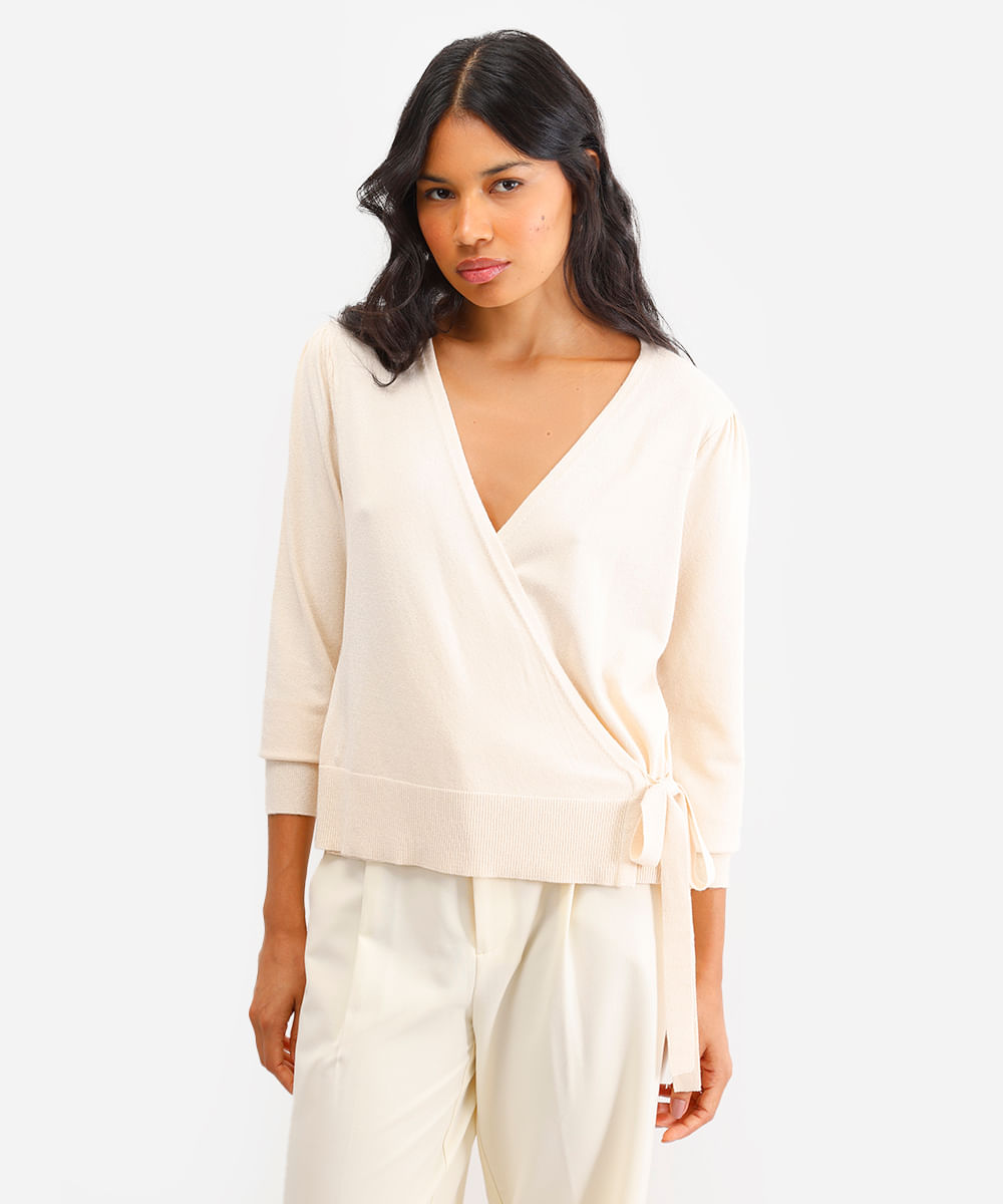 cardigan transpassado feminino de tricot bege