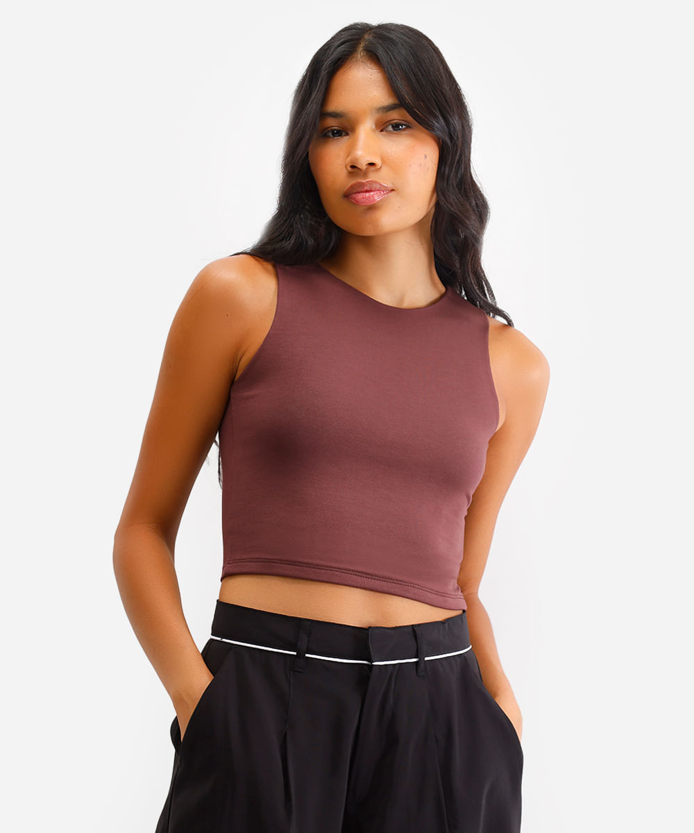 cropped de viscose alça média verde médio - marrom