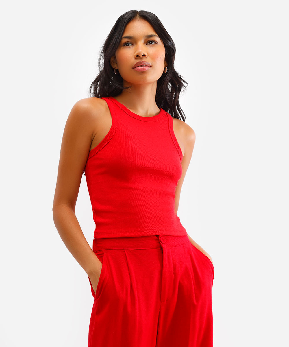 regata de algodão canelada alça média vermelha