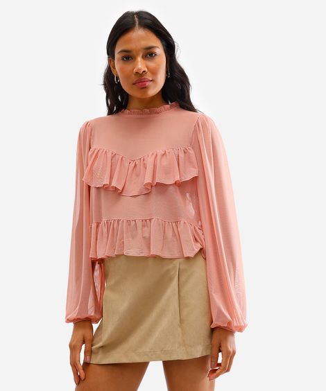 bata feminina de tule manga bufante com babados rosa