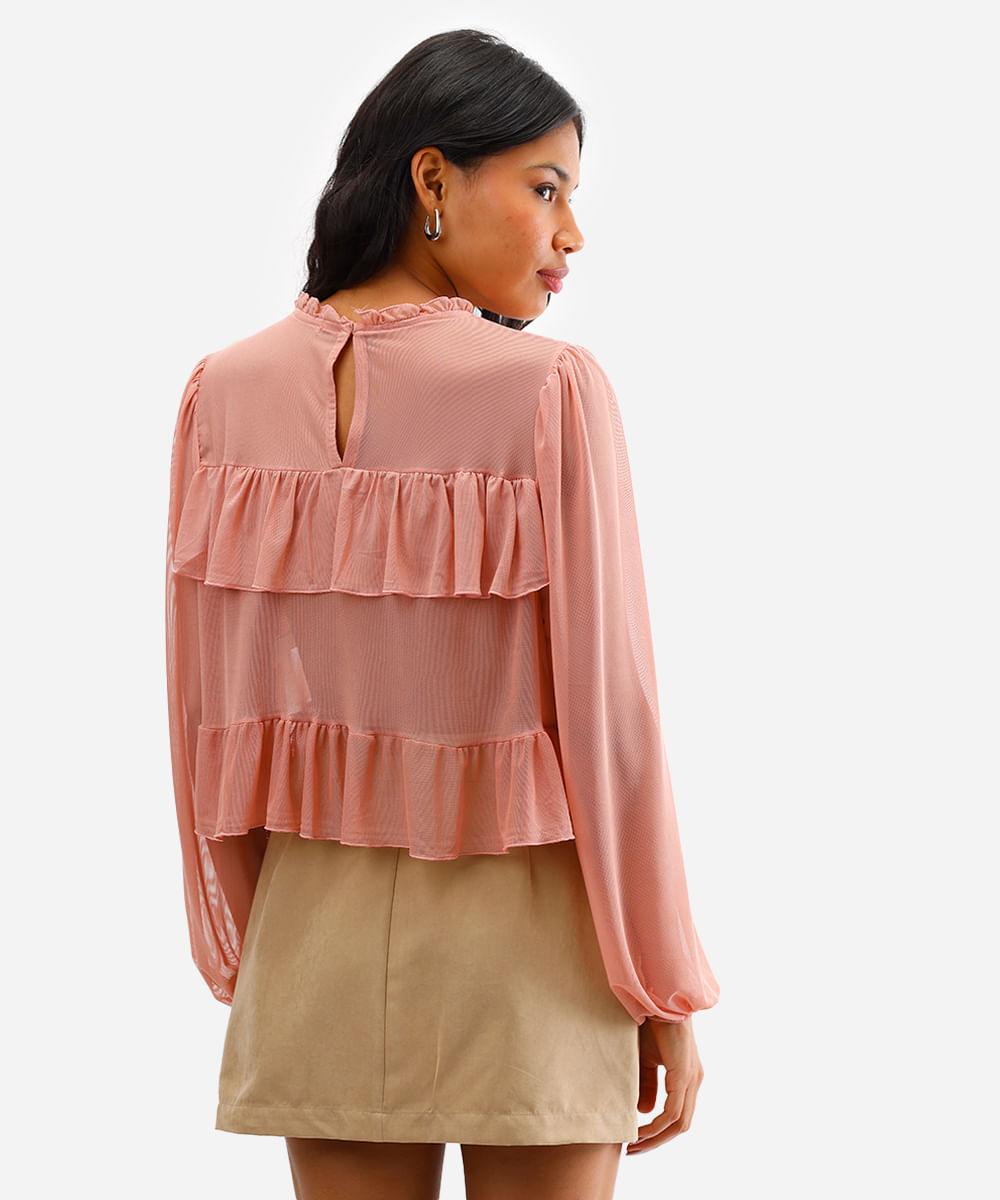 bata feminina de tule manga bufante com babados rosa