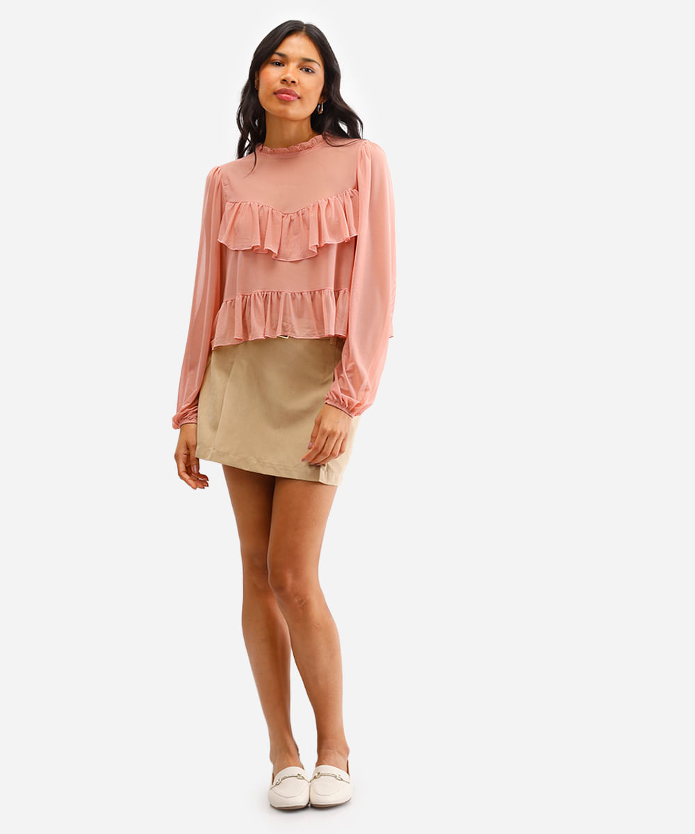 bata feminina de tule manga bufante com babados rosa