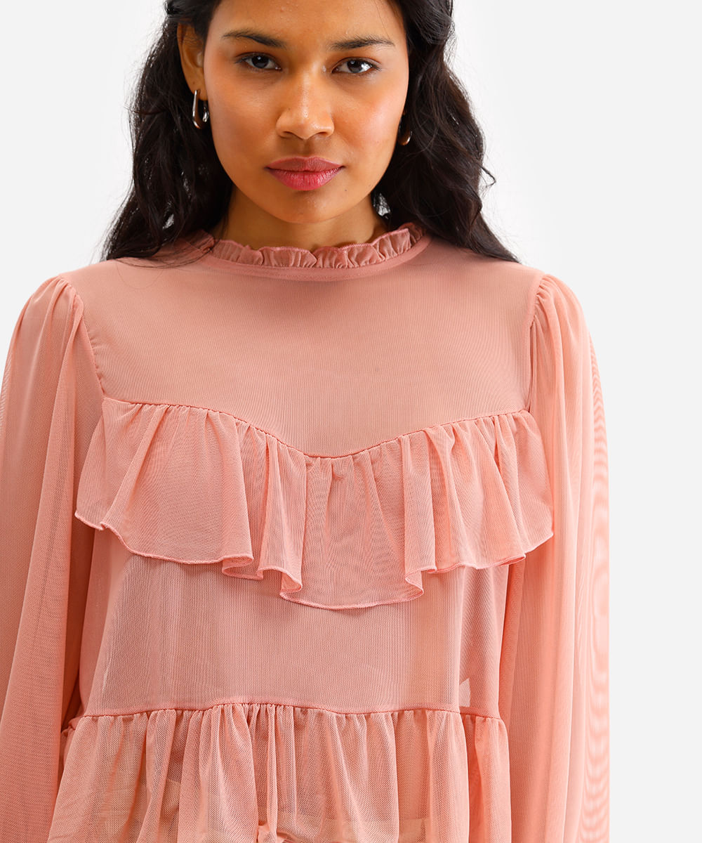 bata feminina de tule manga bufante com babados rosa