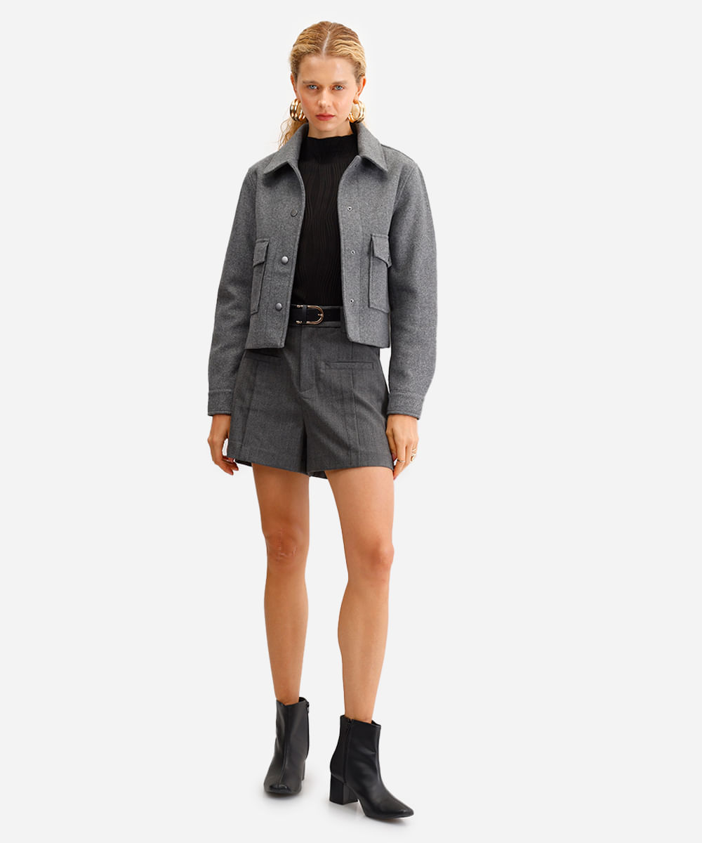 short feminino de alfaiataria chevron  cinza