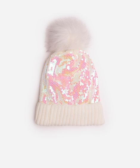 gorro infantil de paetê com pompom off white
