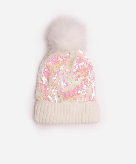 gorro infantil de paetê com pompom off white