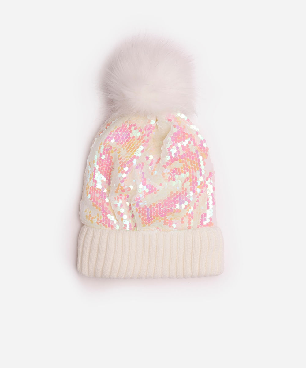gorro infantil de paetê com pompom off white