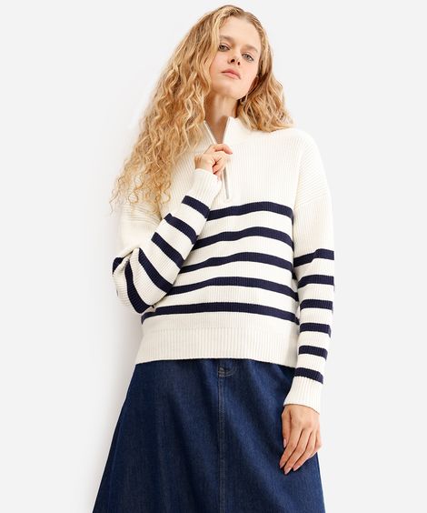 suéter feminino de tricot com zíper listrado off white