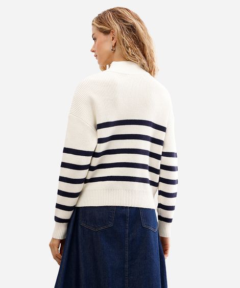 suéter feminino de tricot com zíper listrado off white