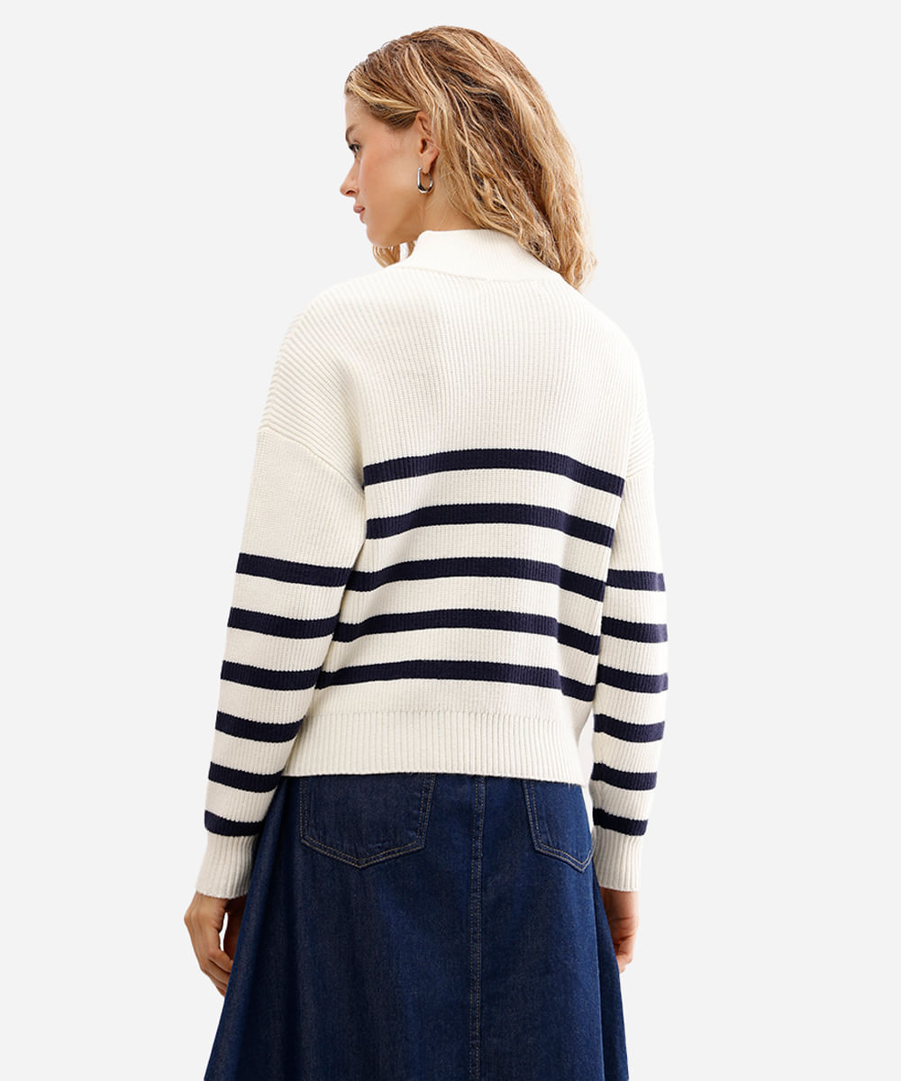 suéter feminino de tricot com zíper listrado off white