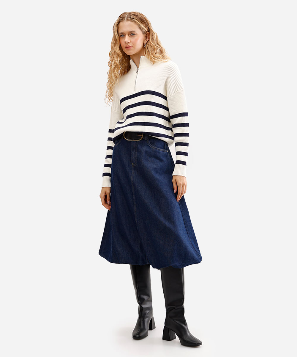 suéter feminino de tricot com zíper listrado off white