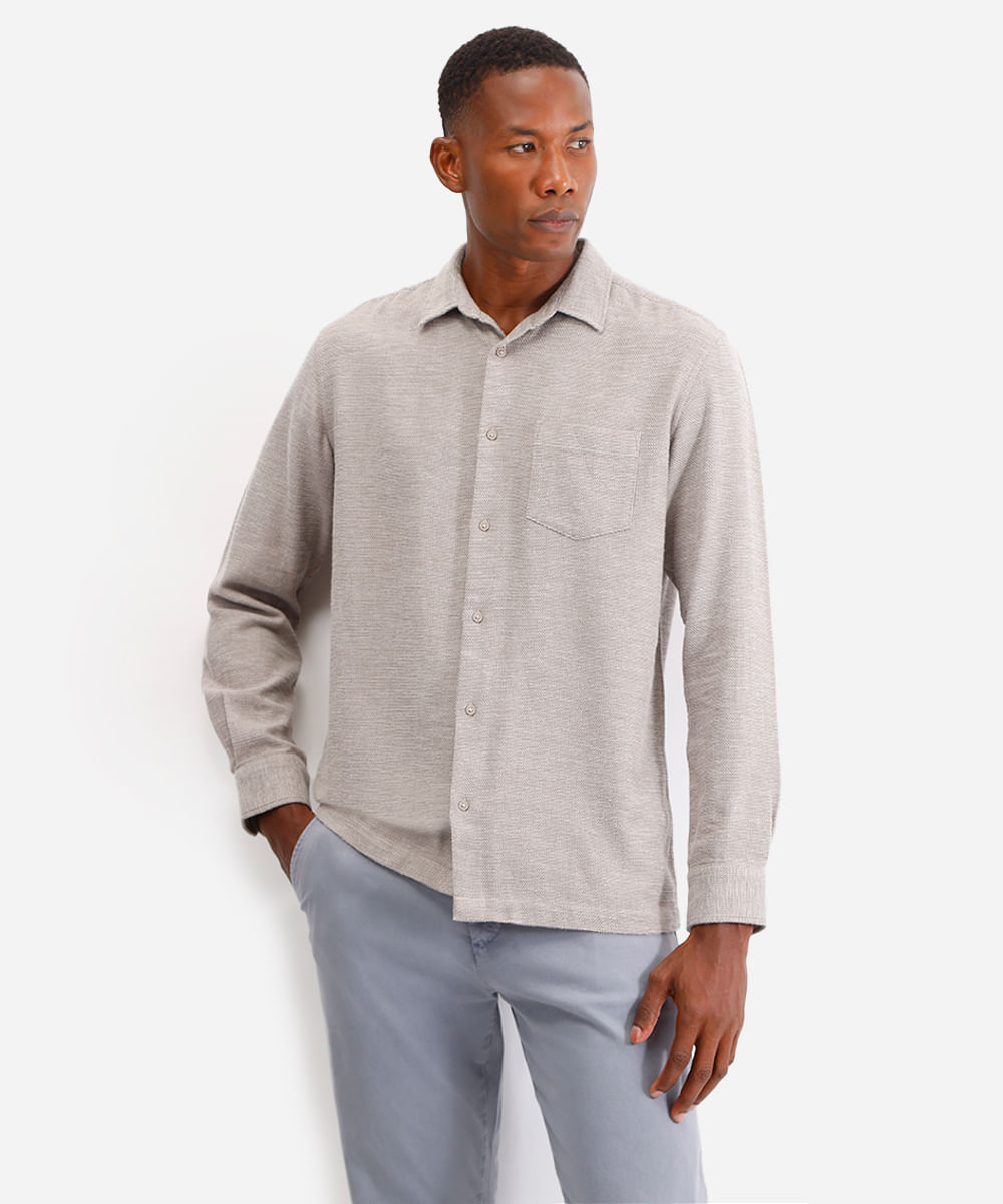 camisa comfort masculina texturizada bege