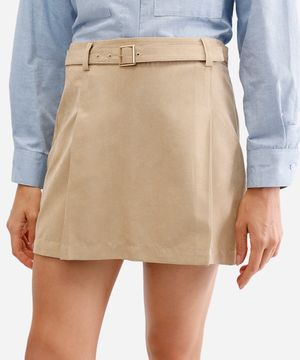 minissaia feminina com cinto texturizada bege