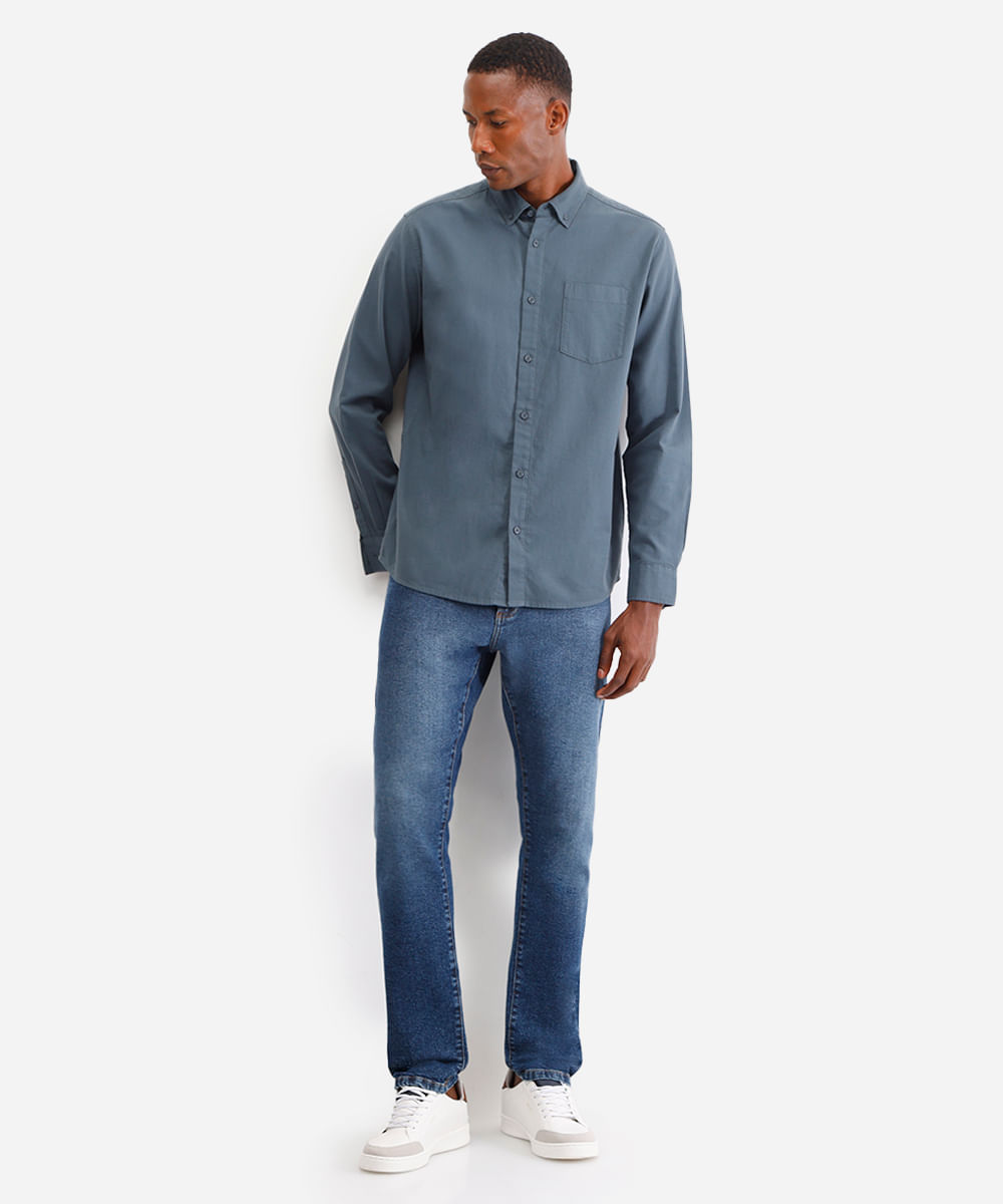 camisa comfort masculina de sarja azul