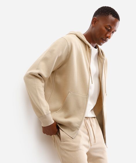 jaqueta básica masculina de moletom com capuz bege