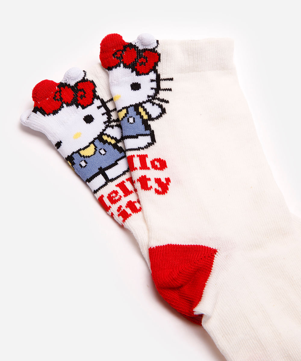 meia cano alto infantil de algodão hello kitty off white