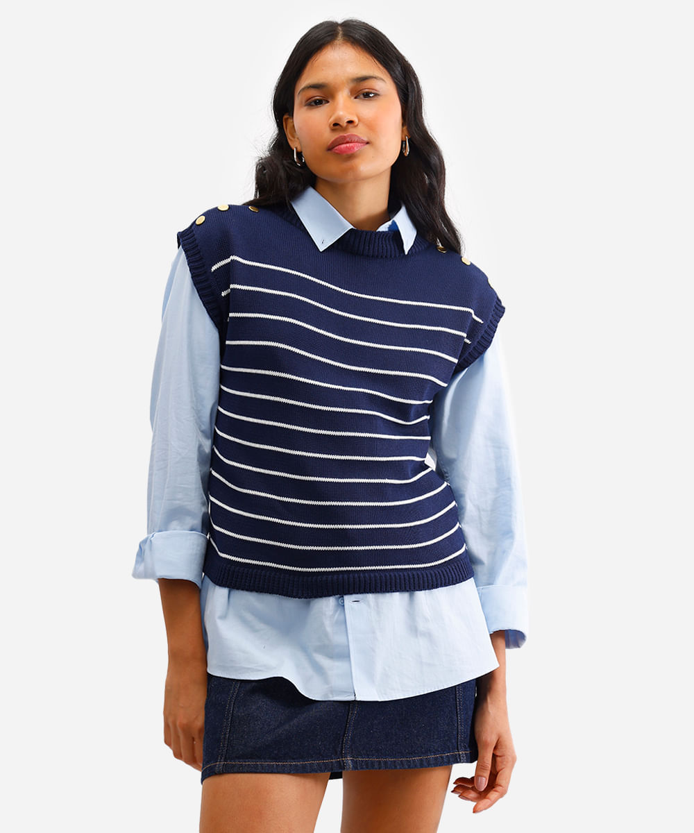 blusa feminina de tricot listrada azul