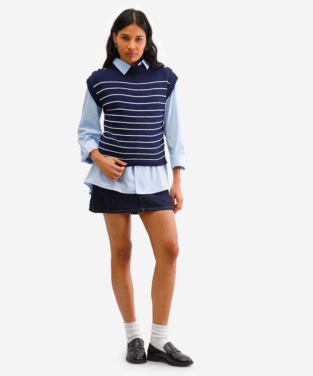 blusa feminina de tricot listrada azul