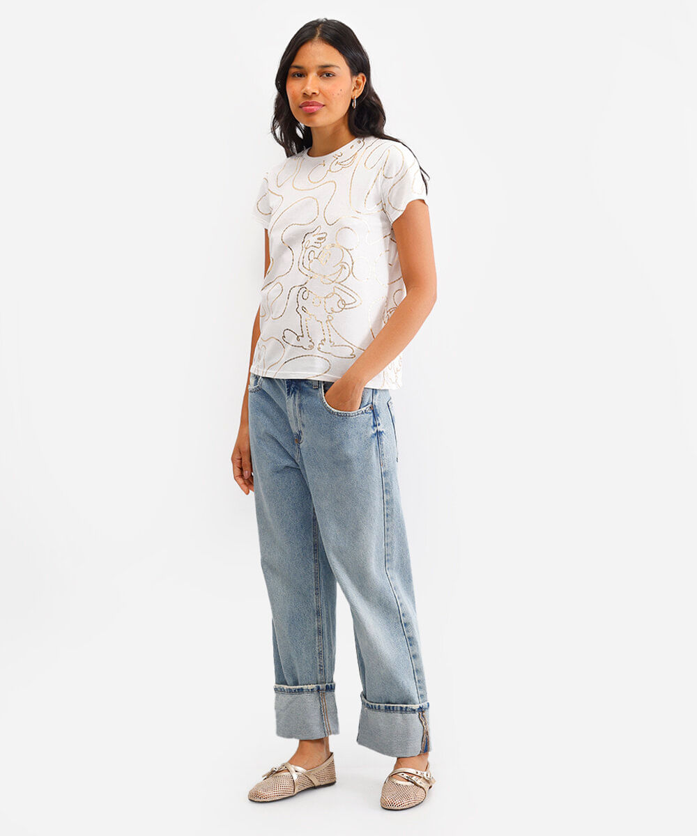camiseta feminina de algodão mickey metalizado off white
