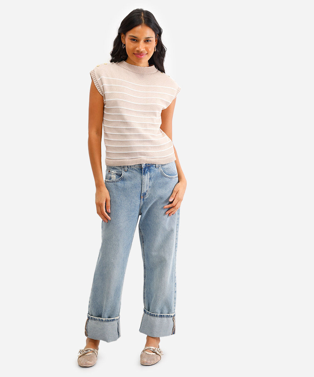blusa feminina de tricot listrada bege
