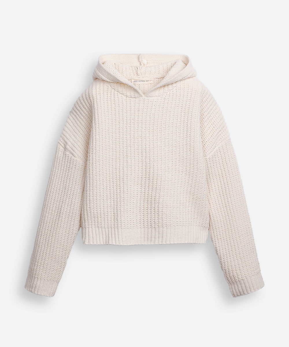 blusão juvenil de tricot com capuz bege