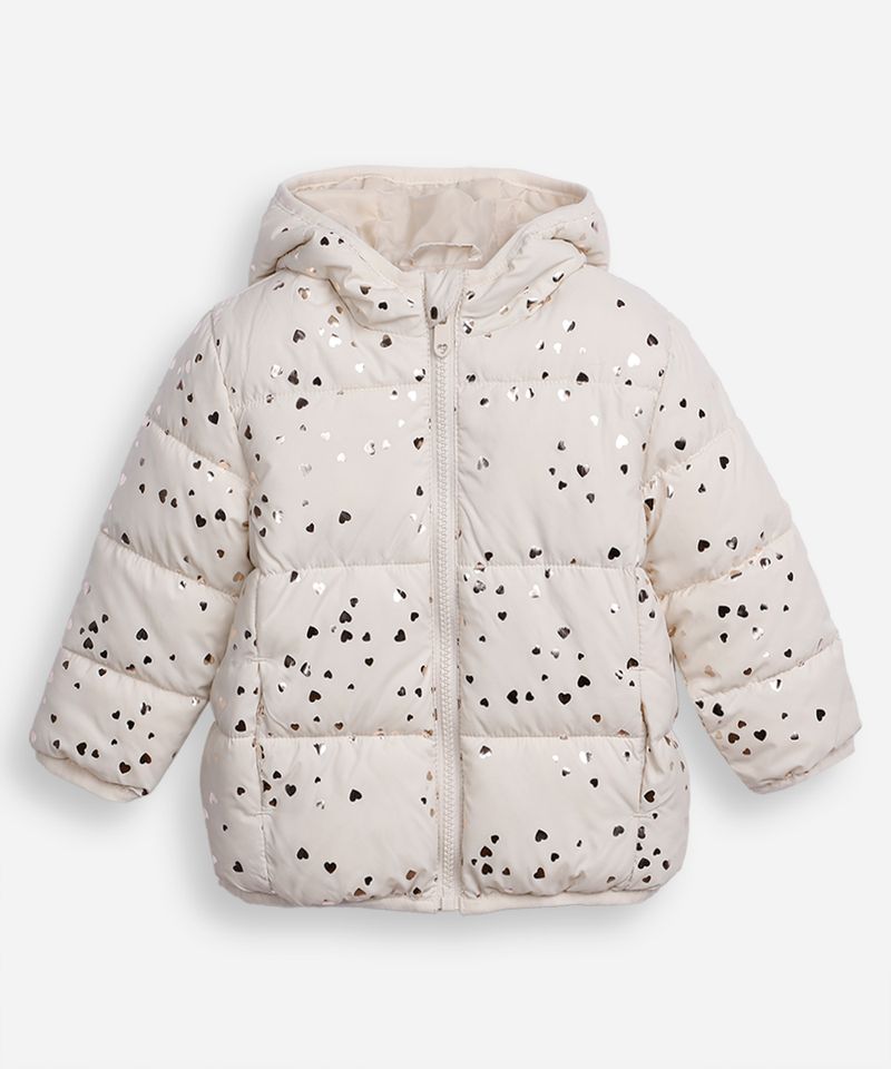 jaqueta puffer infantil coração bege