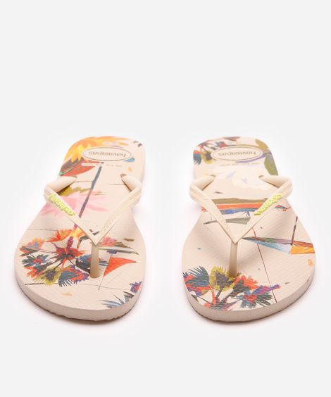 chinelo feminino havaianas slim folhagens bege